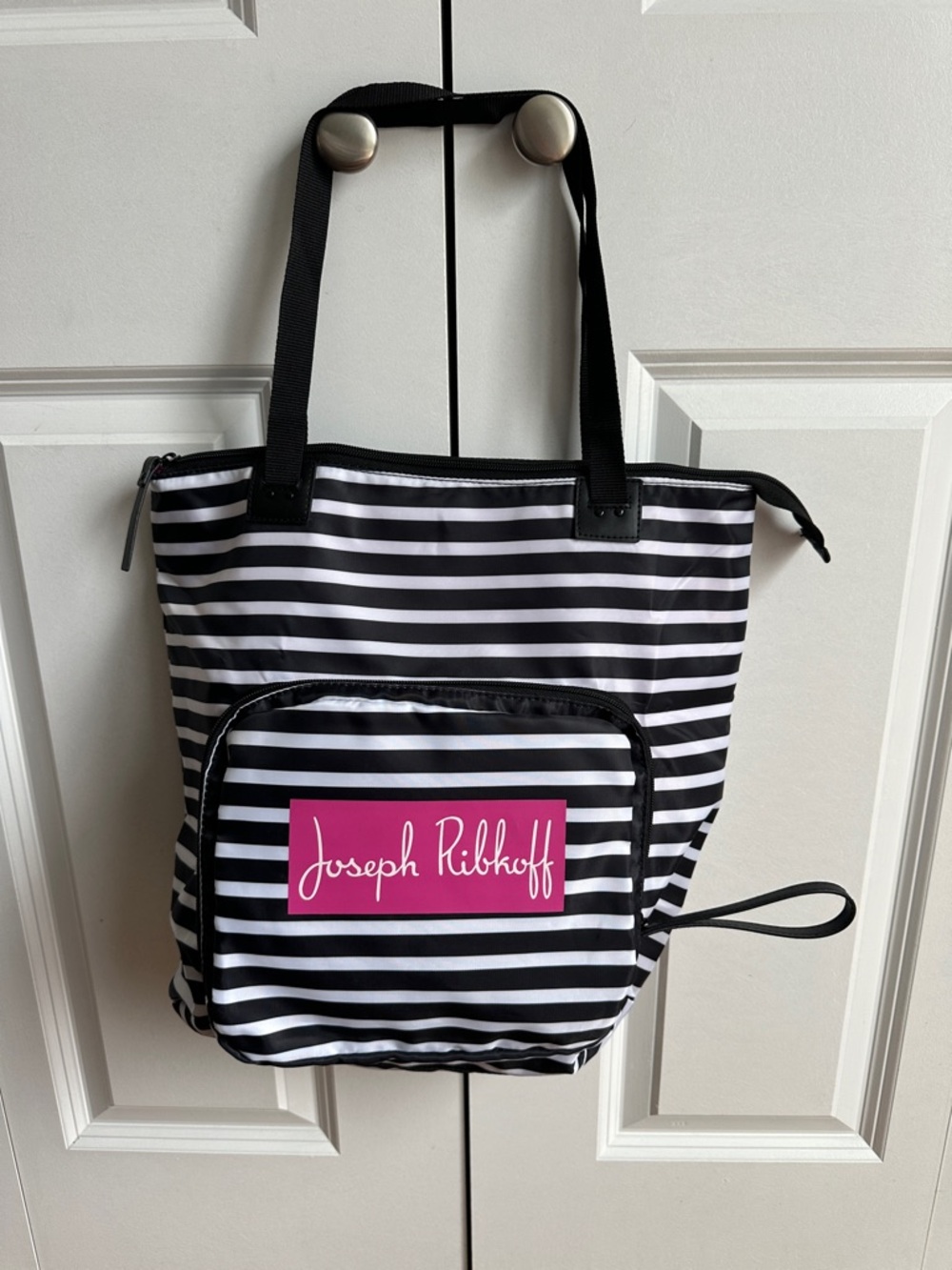 Joseph Ribkoff Black & White Striped Tote with Pink Logo Patch